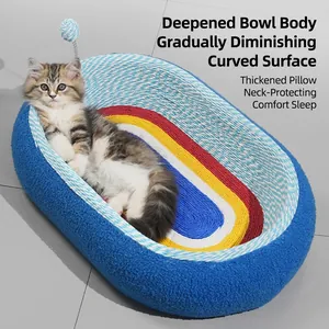 Rainbow sisal cat scratcher bed with deep bowl design and plush neck protection cushion