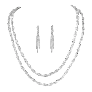 Luxurious silver bridal jewelry set with sparkling rhinestone necklace and tassel earrings