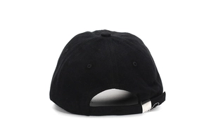 Rear view of black canvas baseball cap showing silver metal buckle and strap detail