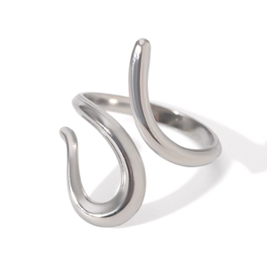 Detailed side view of silver stainless steel open ring with smooth curved design