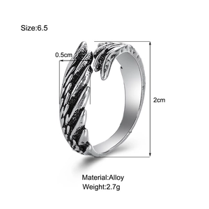 Detail of silver feather wing ring in alloy showing dimensions and material specifications