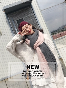 Detail showing oversized pink and grey color block knit scarf with long decorative tassels