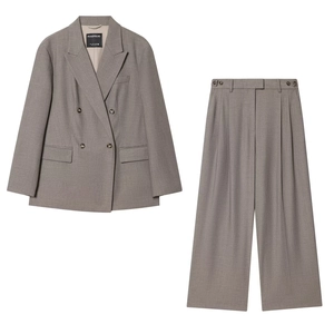 Women Double Breasted Blazer And Wide Leg Trousers Polyester Solid Color Professional Casual Office Lady Business