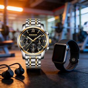 Men's elegant stainless steel watch with black dial shown in a gym lifestyle setting