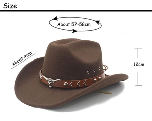 Brown wide brim cowboy hat dimensions showing 12cm height and 8cm brim width detail