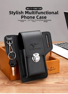 Detail of black leather waist pouch featuring metal buckle, belt loops and key clip