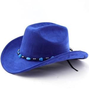 Close-up of royal blue suede cowboy hat with decorative blue and silver beaded band