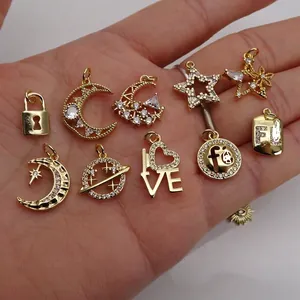 Golden moon and star jewelry pendants with micro-set zircon for DIY necklaces and bracelets
