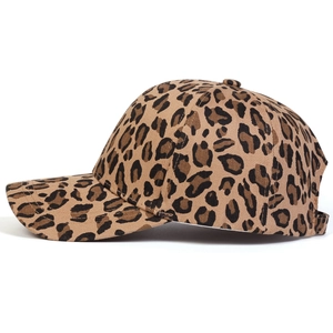 Detailed side view of leopard print baseball cap with six-panel structure and curved brim