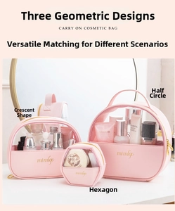 Detail view of pink PU leather makeup bag set with transparent PVC window and zippers