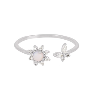 Silver plum blossom and butterfly open ring with 18K gold opal and zircon accents