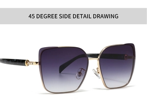 Detail view of large cat-eye sunglasses with gradient purple lenses and marble temple
