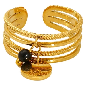 Layered 18K gold plated stainless steel ring with black bead and round tag charms
