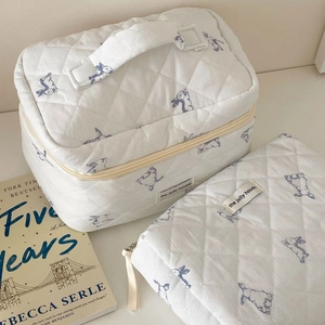 Quilted cotton cosmetic bag set with cute blue rabbit patterns and zipper closure