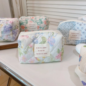 Quilted cotton floral cosmetic bag set in French country style with zipper closure