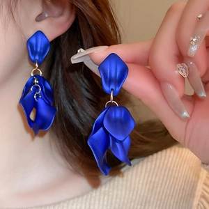 Elegant blue layered rose petal tassel drop earrings with gold accents for women