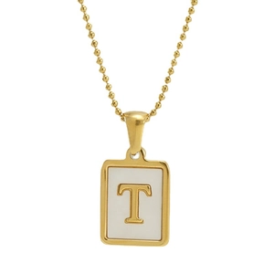 18K gold plated stainless steel rectangle necklace with white inlay and letter T pendant