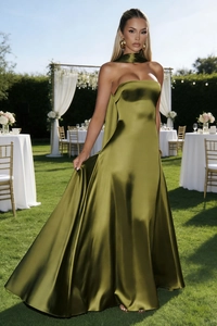 Close-up of olive green silk satin tube maxi dress with matching neck strap detail