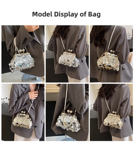 Detail of silver sequined handbag featuring elegant pearl strap and vintage metal clasp