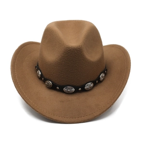 Detail of brown felt cowboy hat featuring black leather band with silver metal conchos