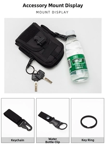 Detailed view of tactical pouch attachments with carabiner and bottle holder clip