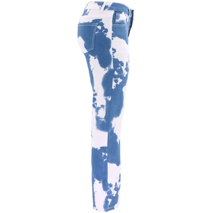 Detail of blue and white tie-dye clouds print on slim fit long denim jeans