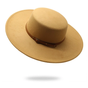 Classic camel wool felt flat top hat with brown leather buckle band for men and women