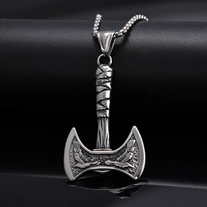 Viking double axe pendant necklace with eagle engraving in vintage stainless steel