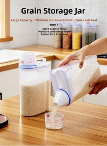 Detail showing the transparent grain storage jar with scaling measuring cup lid for kitchen