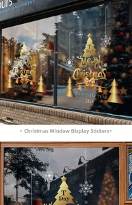 Close-up of golden Merry Christmas window stickers with 2026 Happy New Year snowflakes