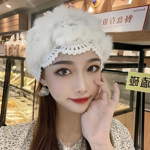 Elegant white crochet rabbit fur knit beret featuring a 3D knit flower and soft plush texture