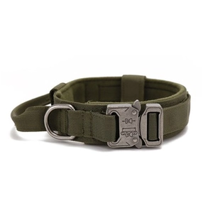 Tactical army green nylon dog collar with heavy duty alloy buckle and handle for large dogs