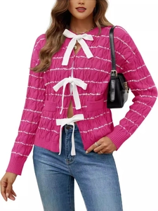 Women Striped Polyester Knit Cardigan Sweater Cable Knit Bow Tie Closure Long Sleeve Casual Crew Neck Outwear