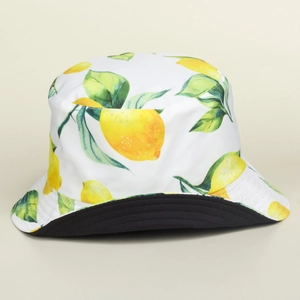 Detailed view of fresh lemon print bucket hat with white canvas and black lining