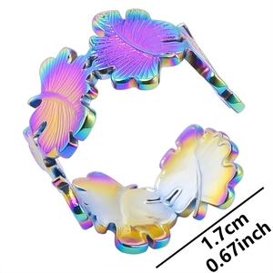 Detail showing the 1.7cm inner diameter of the rainbow leaf stainless steel ring