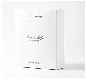 Front view of white 120ml reed diffuser gift box packaging with minimalist typography