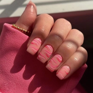 Pink Wave Press On Nails Short Square Fake Nails Glossy Full Cover Artificial Nails For Women Sweet Manicure