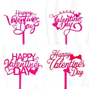 Four styles of rose red acrylic Happy Valentine's Day cake toppers with heart designs