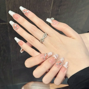 Handmade coffin press-on nails with 3D resin bows, pearls and crystals in French style