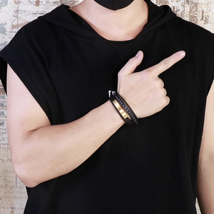 Men's multi-layer braided black leather bracelet with golden brushed stainless steel buckle