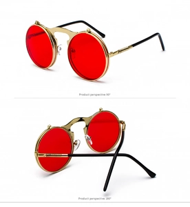 Steampunk round sunglasses with red flip lenses and mechanical gold metal frame details
