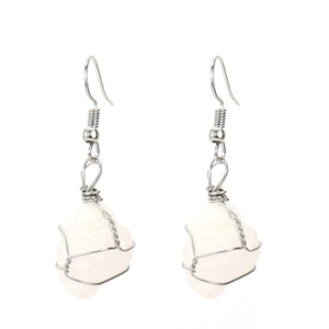 Detailed wire-wrapped natural crystal raw stone earrings with silver hooks on white background