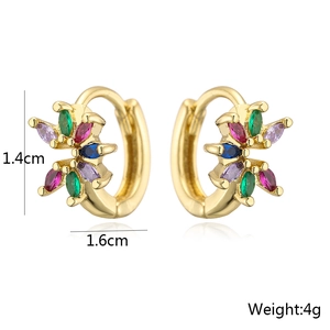 Gold hoop earrings with colored zircon flowers, size 1.4cm by 1.6cm, weighing 4g
