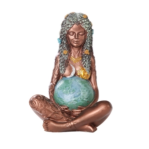 Close-up of Mother Earth Gaia goddess statue featuring intricate green leaf hair and Earth belly