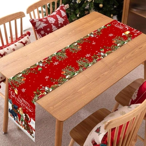 Christmas table runner with festive dog print and Merry Christmas text for holiday decor