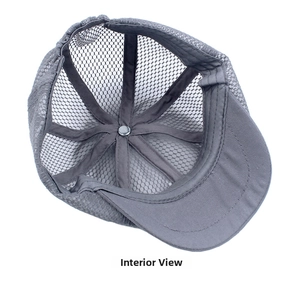 Inside view of grey mesh sun hat showing breathable fabric texture and durable buckle