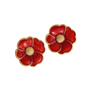 Vintage red flower earrings with gold bead edges and textured petals for women
