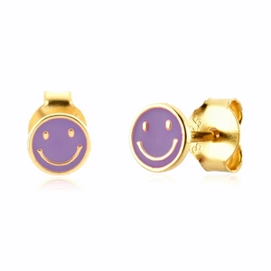 S925 silver stud earrings with golden finish, purple enamel smiley face design