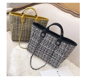 Detail of tweed tote bags in yellow and black featuring chain straps and retro textures