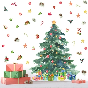 Festive watercolor Christmas tree wall stickers set with ornaments for home wall decor
